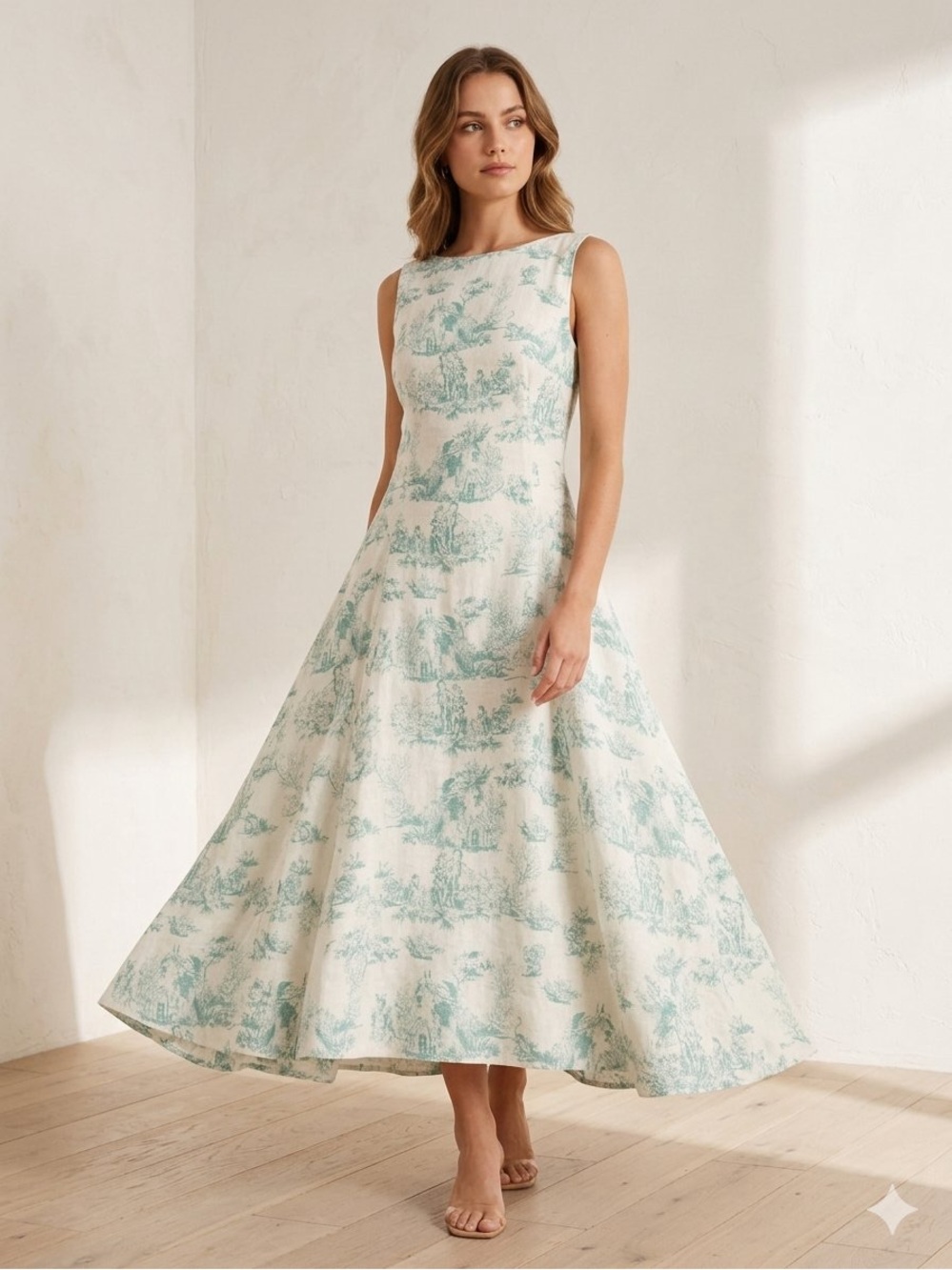 NWT Secret Mission Rhoda Toile de Jouy Linen Midi Dress Size L